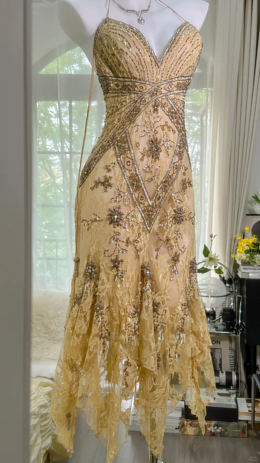 Vintage Spaghetti Straps Lace Sequin Mermaid Evening Dress Long Prom Dress S726