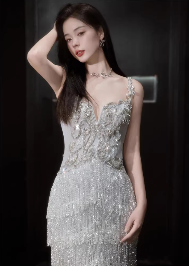 Glitter Spaghetti Straps Silver Satin Beaded Layered Tassel Long Party Dress Evening Gown