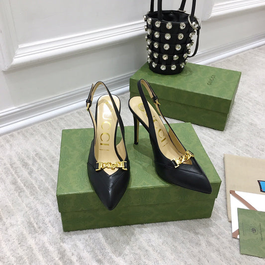GG HIGH HEEL SLINGBACK BLACK CALFSKIN WITH CHAIN