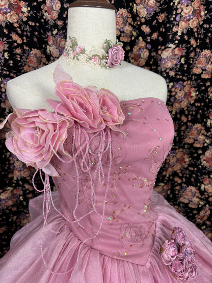 Retro Pink Strapless A-Line Satin Quinceanera Dresses Sweet 16 Birthday Ball Gowns, D1426