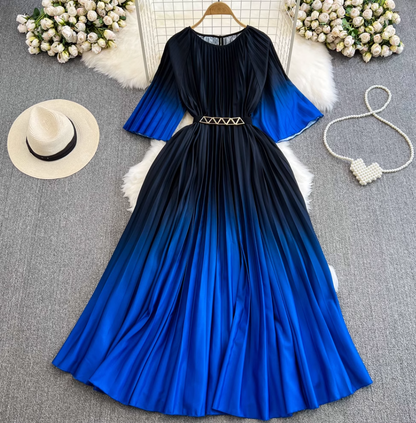 Light mature style celebrity temperament waist slimming A-line large swing printed pleated dress R0307