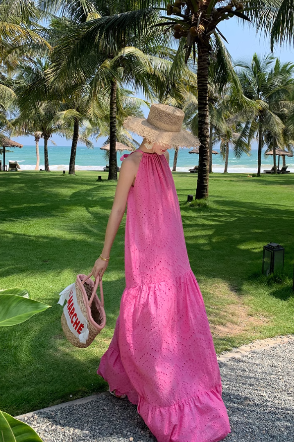 French lace hollow rose red sleeveless halter neck temperament long dress holiday style dress R0198