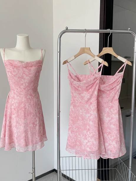 Pink romantic floral dress 2025 summer slim pure short skirt suspender dress R0256