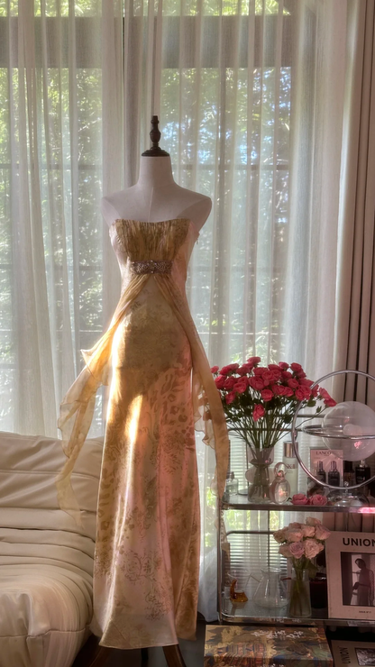 Retro Golden Strapless Floral Elegant Design A-line Beaded Romantic Chiffon Evening Dress Prom Dress D1476