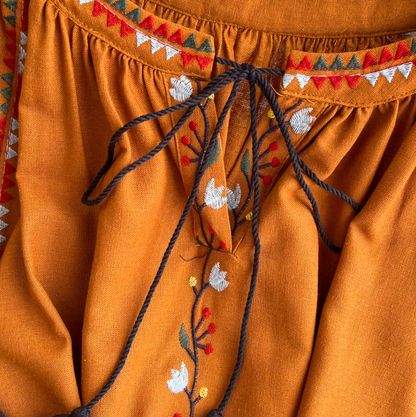 Retro ethnic style lantern sleeve embroidery round neck waist A-line cotton and linen elegant dress R0318