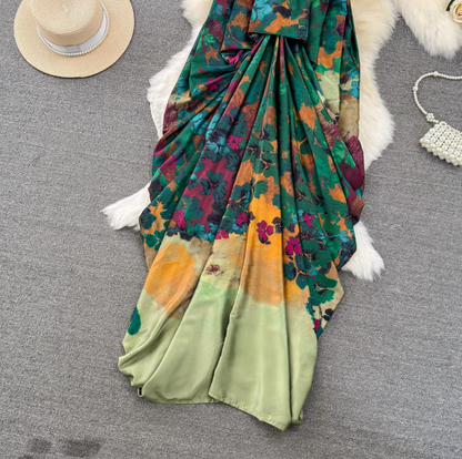 Classical Aesthetics Floral V-neck Large Backless Suspender Dress Seaside Holiday Beach Dress R0385