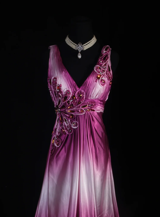 Charming Rose Red Gradient Mermaid Long Party Dress Formal 20th Birthday Dress With Beaded Floral D2231