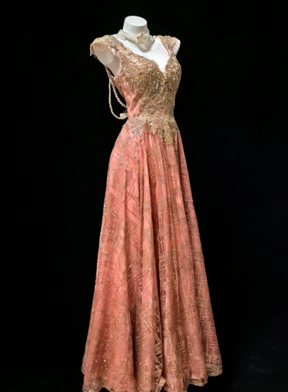 Unique Pink Lace Sequin Beaded A Line Long Party Dress Birthday Prom Dresses SP1575