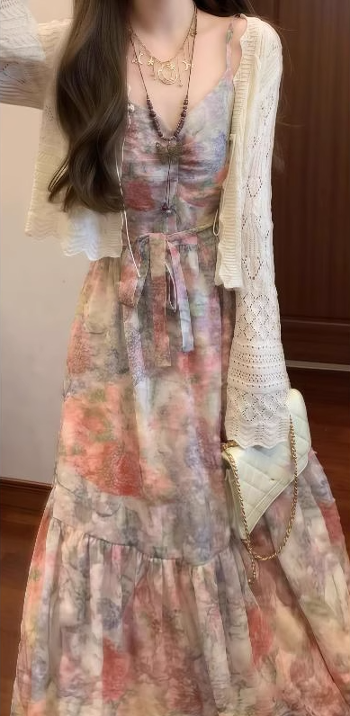 Retro floral suspender dress gentle temperament waist A-line long skirt R0785