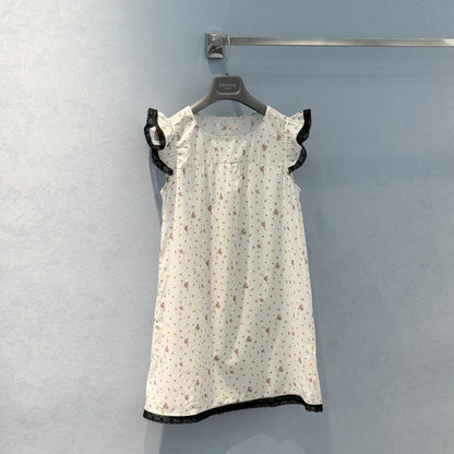 Prada 2025 Hollow lace floral vest skirt White Cotton