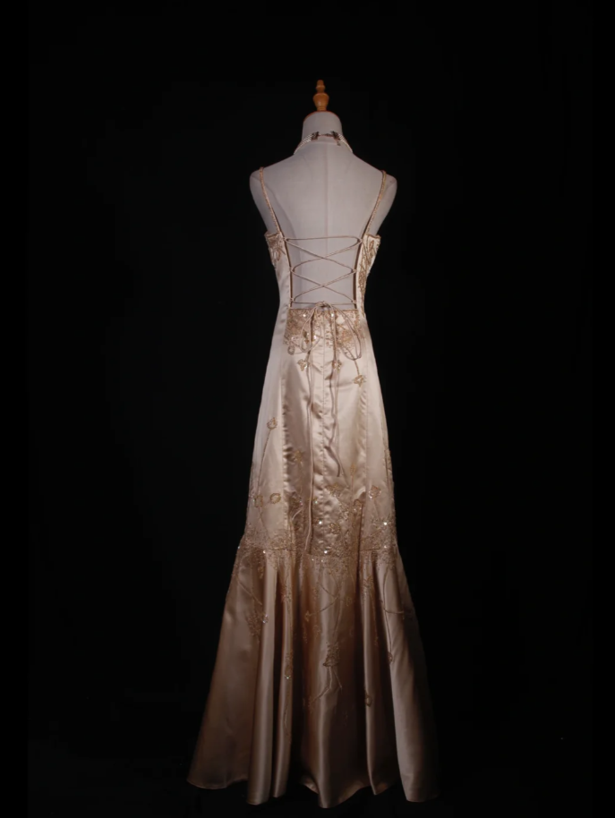 Fashion Spaghetti Straps Yellow Satin Beaded Mermaid  Long Party Dress Evening Dress D2249