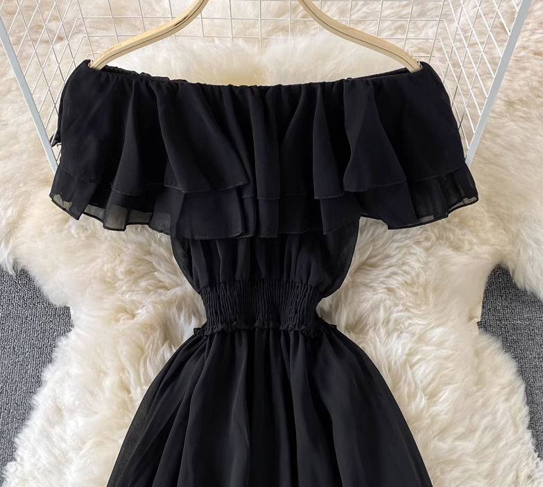 Bali resort beach slim long skirt sexy off-shoulder one-shoulder ruffled chiffon dress R0326