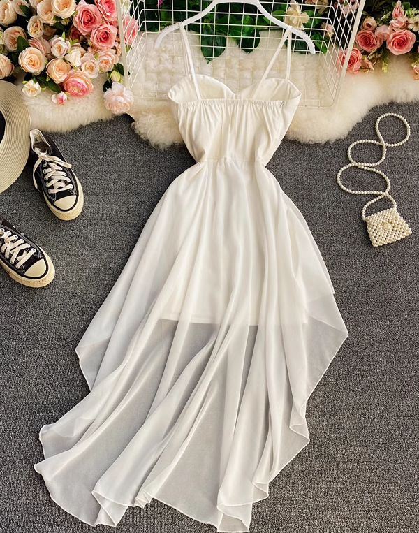 High waist irregular tube top suspender dress design fairy dress chic gentle style long skirt dress R0401