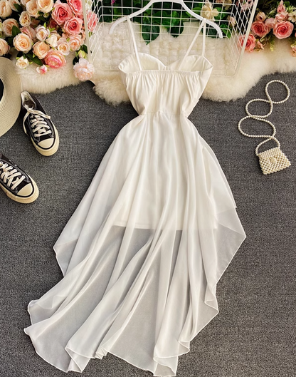 High waist irregular tube top suspender dress design fairy dress chic gentle style long skirt dress R0401