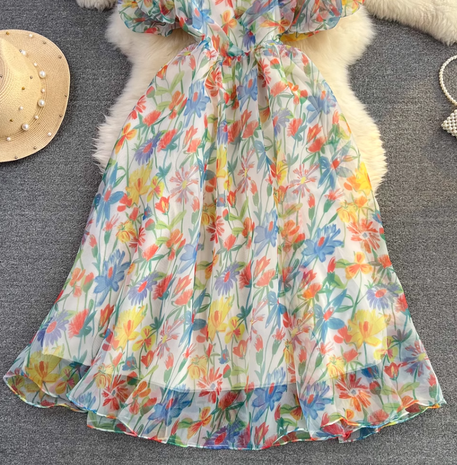 Beach vacation floral suspender skirt fashionable waist slim backless a-line printed chiffon dress R0331