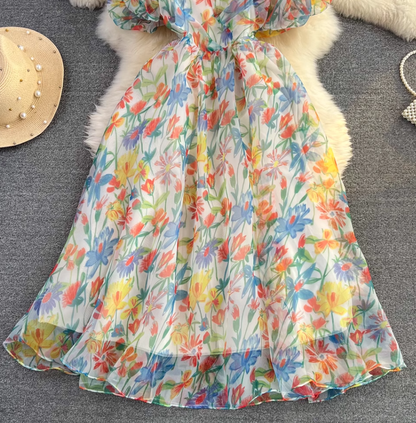 Beach vacation floral suspender skirt fashionable waist slim backless a-line printed chiffon dress R0331