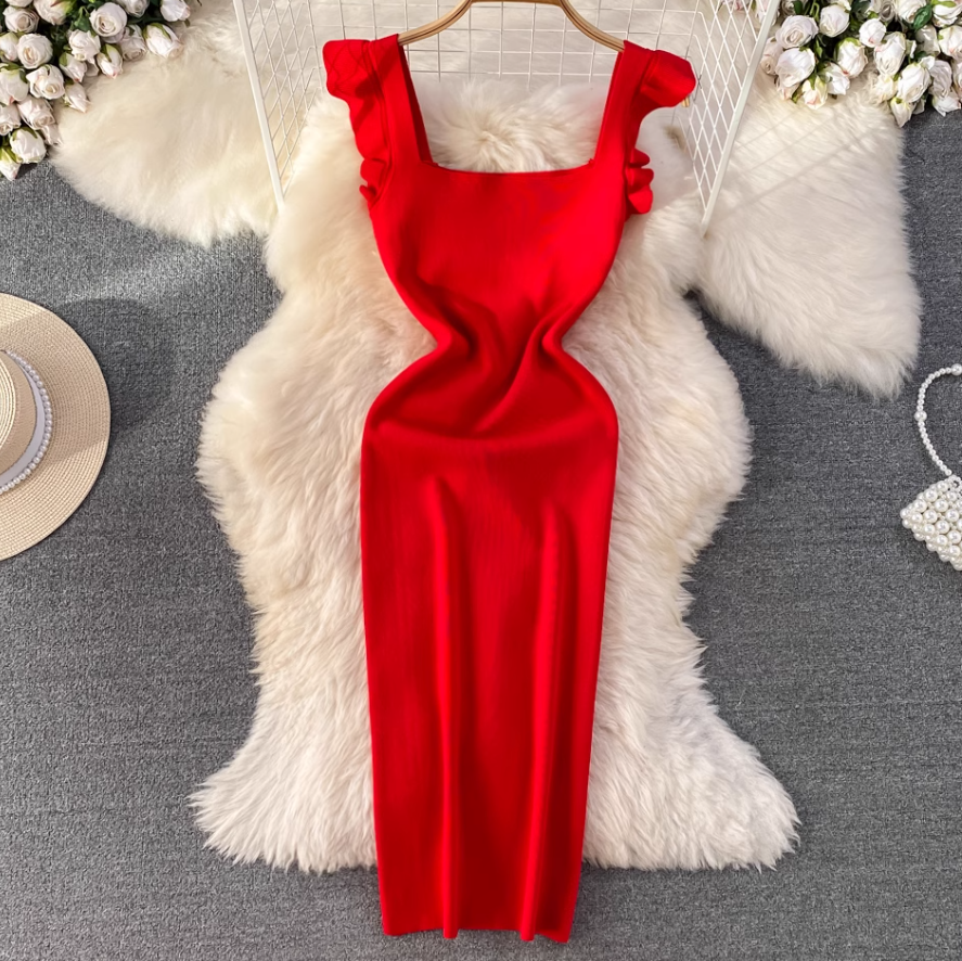 Flying sleeve suspender dress, elegant waist-length knitted hip-wrapped dress R0333