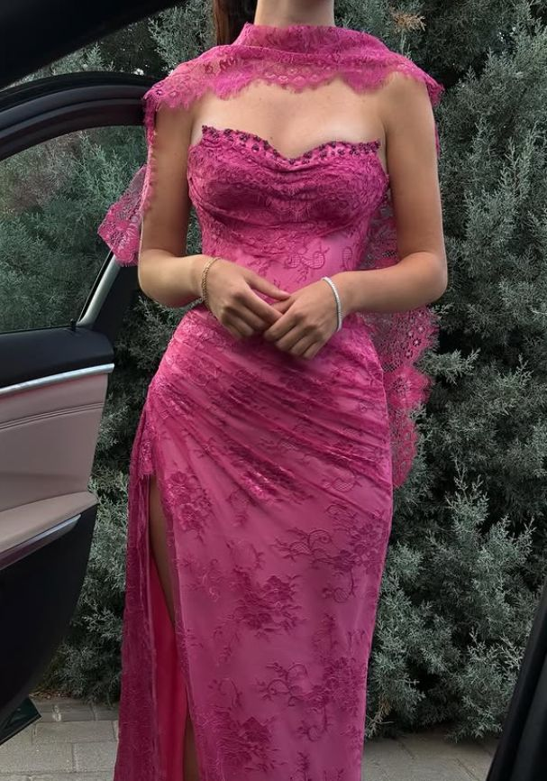 Pink Lace Prom Dress Sweetheart Neck Evening Dress With Slit  fg8226