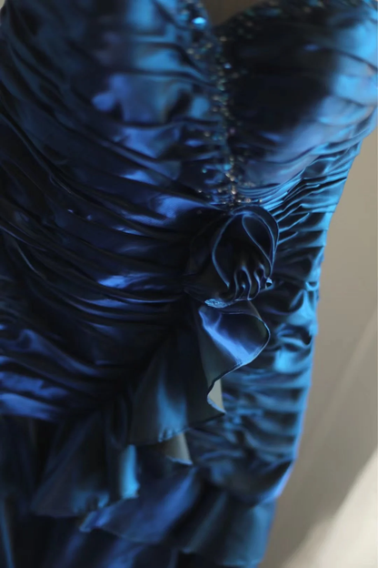 Navy blue tube top waist pleated hip cake skirt short skirt homecoming dress R4147