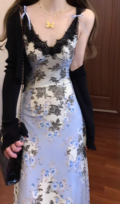 Oil painting floral suspender dress beautiful waist A-line long skirt R0606