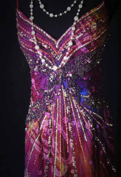 Unique V Neck Purple Spaghetti Straps Chiffon Beaded Mermaid Long Party Dress Evening Gown