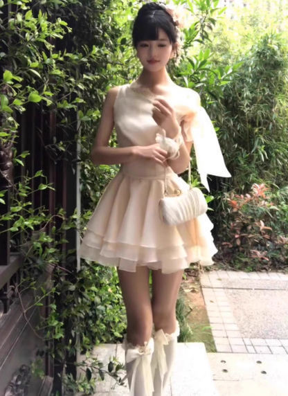 Gentle temperament lace off-shoulder dress beautiful waist small dress tutu skirt R0793