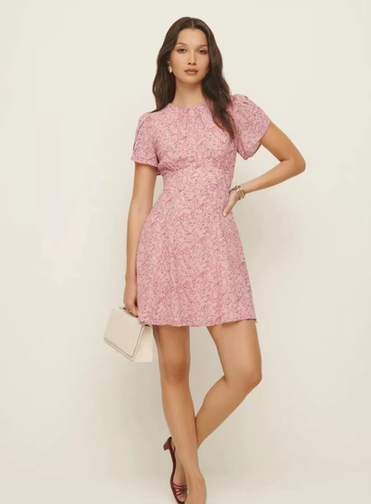 Dress Red Floral Chiffon French Style Retro Round Neck Slim Fit A-line Short Sleeve Dress R2929