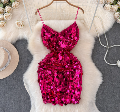 Light luxury heavy sequins celebrity niche banquet dress skirt sexy backless suspender dress R0320