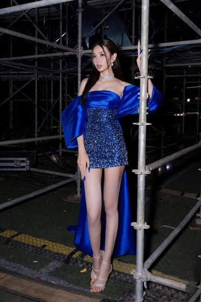 Dark blue satin dress sequins exquisite waist slimming hip sexy short skirt homecoming dress R3702