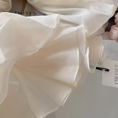 New sweet one-shoulder mesh puff sleeves versatile pleated off-shoulder temperament French shirt top R0278