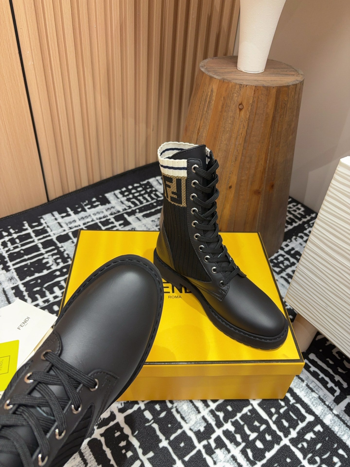 Fendi 2025 Rockoko Boot Black Cowhide Fabric 908546