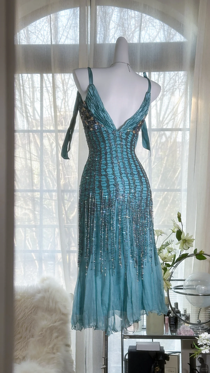 Elegant Blue Sparkling Beaded Spaghetti Strap V-neck Romantic Chiffon Evening Dress Prom Dresses D1463