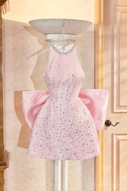 Pink sequined sleeveless slim waist A-line short skirt homecoming dress R4131
