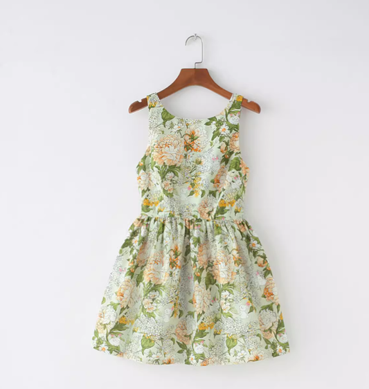 Cream style French floral solid color slimming waistband tank top dress new R2880
