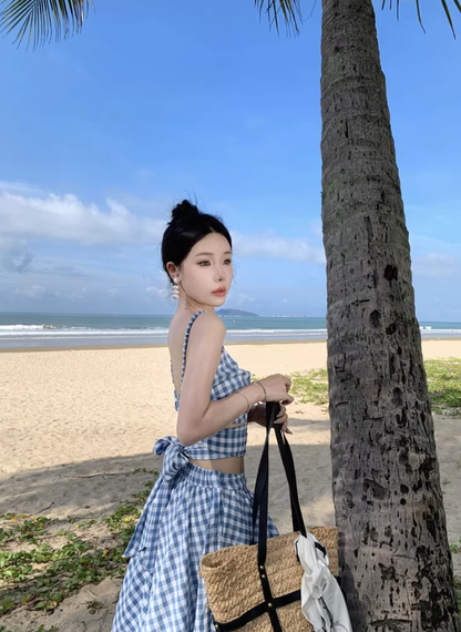 Blue and white plaid backless camisole new high waist swing skirt suit two piece set R0199