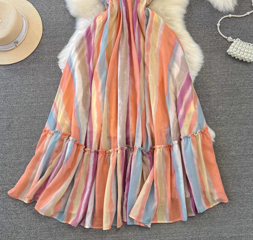 Dopamine wear rainbow stripes gradient halter neck long skirt V-neck waist A-line big swing dress R0377