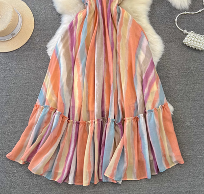 Dopamine wear rainbow stripes gradient halter neck long skirt V-neck waist A-line big swing dress R0377