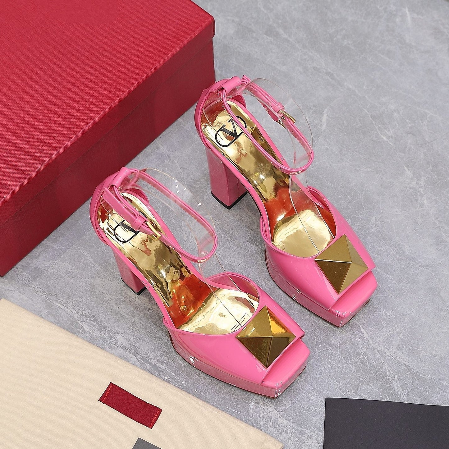 Open Toe Pump With One Stud Gold Patent Pink Leather 130MM