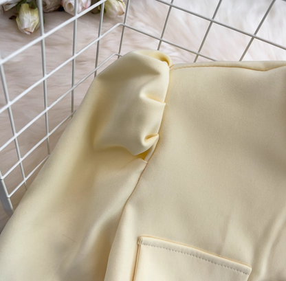 Fashion suit Stand collar single breasted puff sleeve short top two piece set high waist skirt R0327