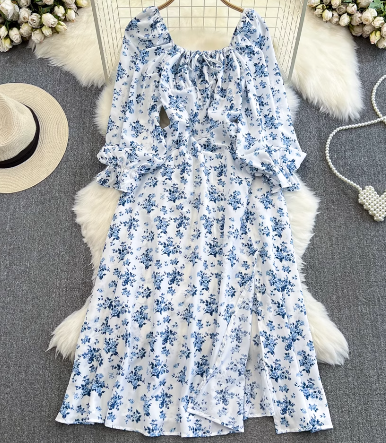 Gentle style long sleeves square neck waist slimming slit A-line print dress elegant long skirt R0355