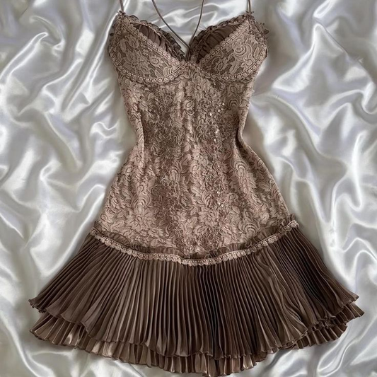 Brown Vintage Lace Beading Pleated Birthday Party Dress Short Homecoming Dress S346