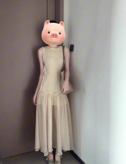 French sleeveless vest dress new style gentle style temperament mesh splicing waist a-line long skirt R0431
