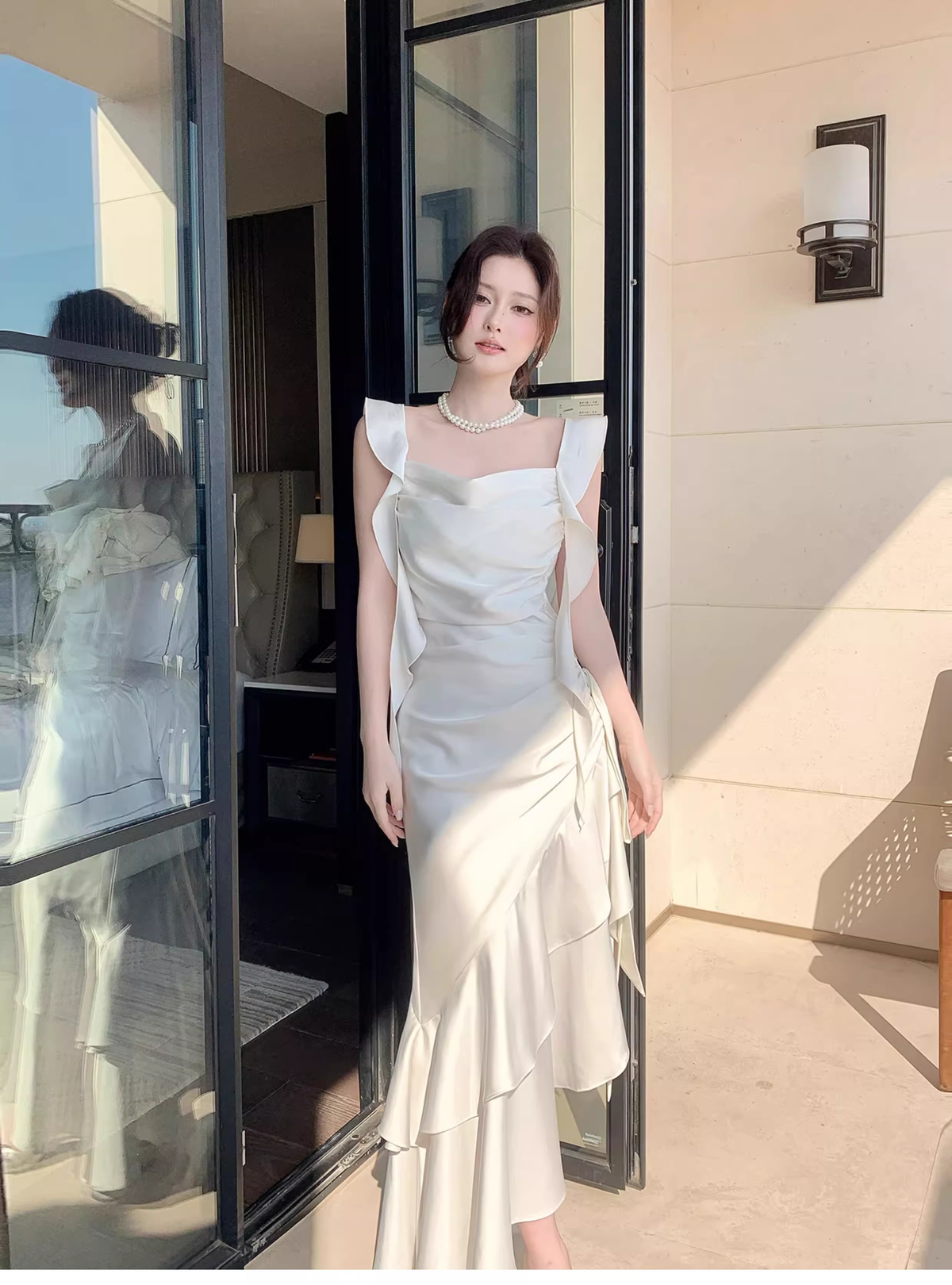 Elegant White Satin Ruffles Layered Mermaid Long Party Dress Prom Gown Formal Wedding Guest Dress SP1499