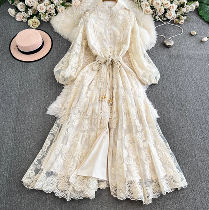 French elegant hollow embroidery dress Tutu skirt lace waist temperament fairy holiday style long skirt R0310