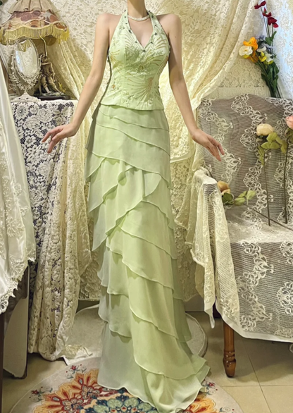 Gorgeous Halter V Neck Green Satin Beaded Chiffon Layered Mermaid Long Evening Dress Prom Gown