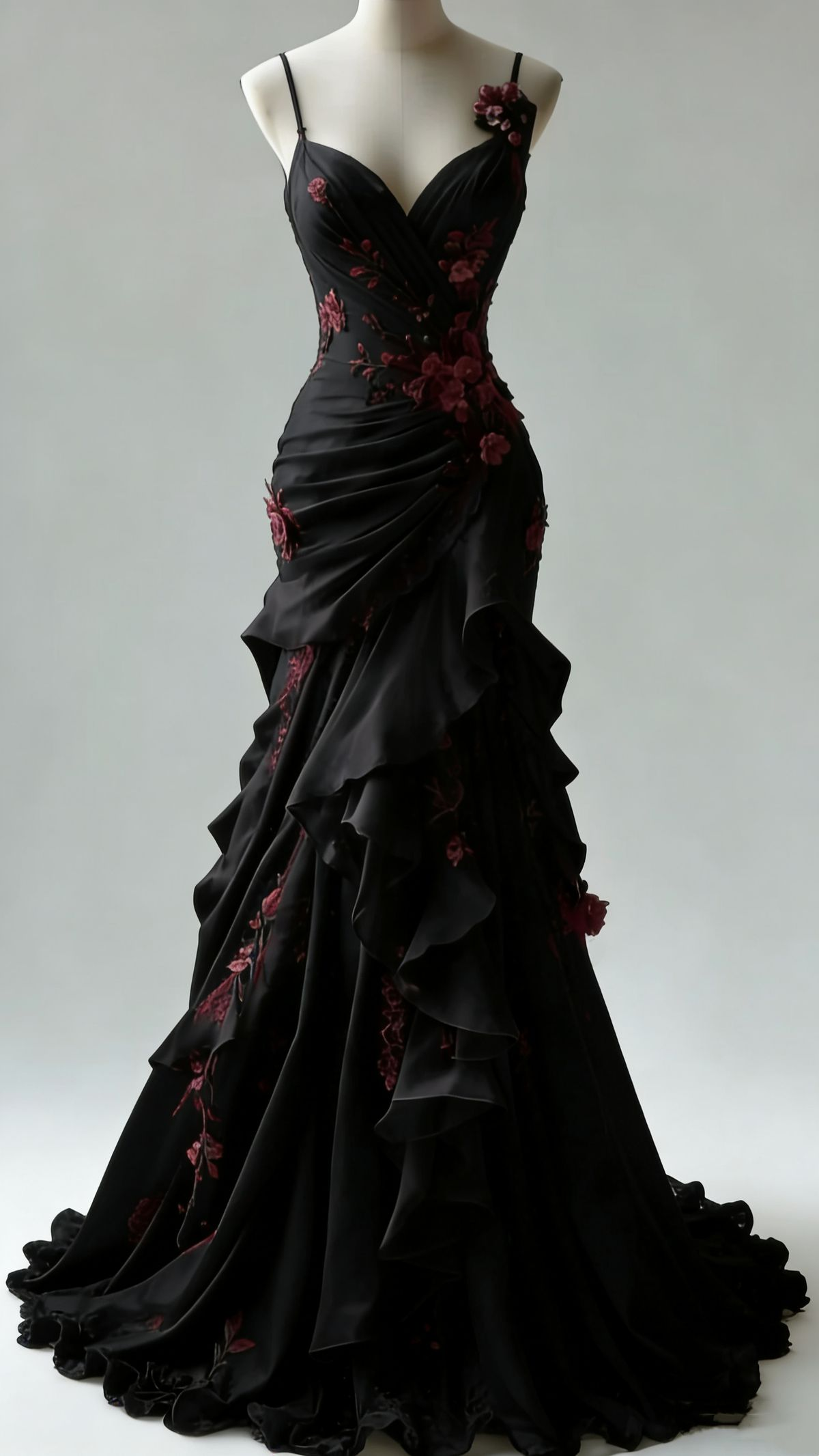 Retro Spaghetti Straps Black Satin Appliques Ruffles Mermaid Evening Dress Long Birthday Party Dress D1902
