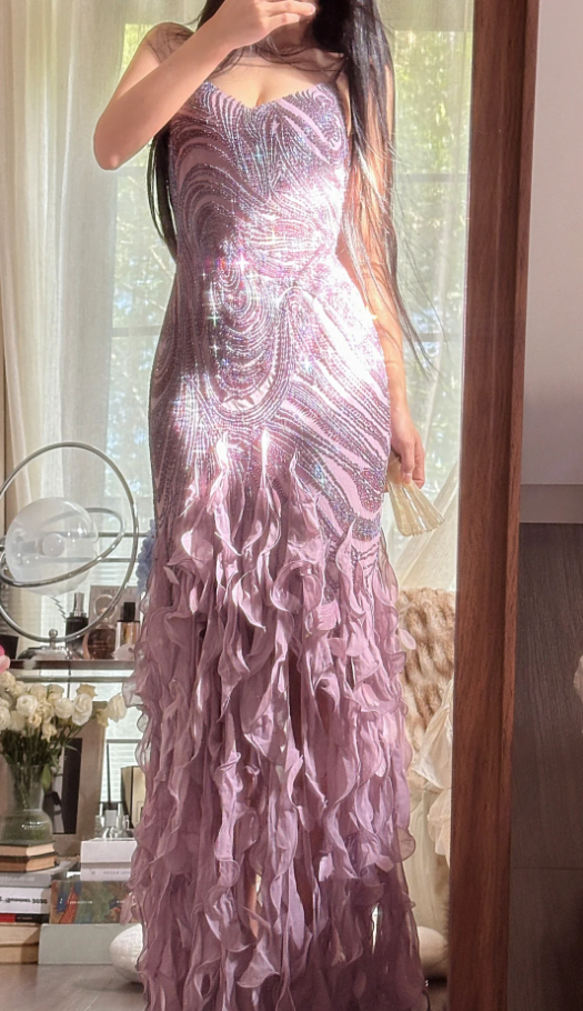 Vintage Purple Spaghetti Straps Chiffon Beaded Ruffles Mermaid Long Party Dress Birthday Prom Dress D2306