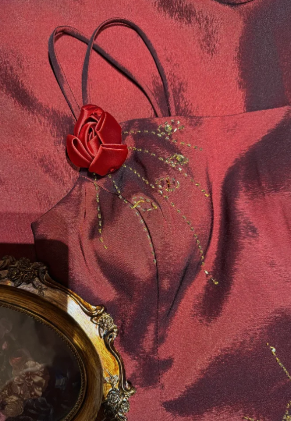 Vintage Spaghetti Straps Satin Beaded A Line Long Wedding Guest Dress,Burgundy Birthday Party Dress With 3D Flowers D2053