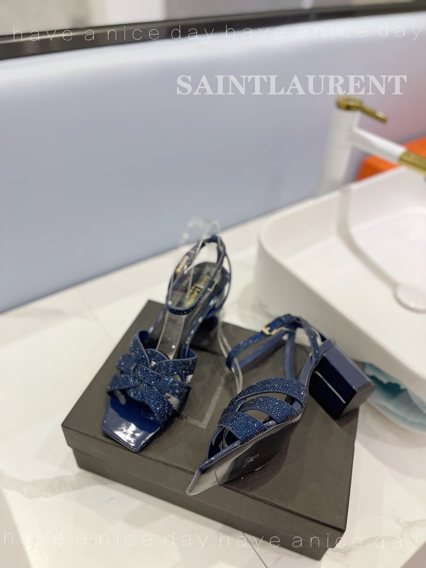 SL TRIBUTE CRYSTAL SANDALS GLOSSY NAVY CALFSKIN