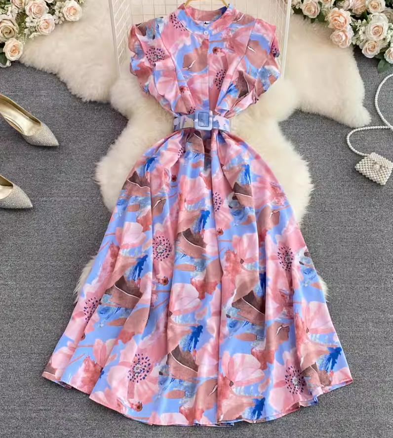Gentle style stand-up collar, slim waist, printed A-line long swing dress 2025 high waist elegant long skirt R0359